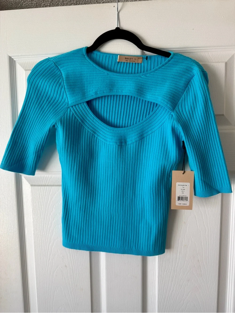 NWT Bailey 44 LaPerla  Cut Out TopSweater Aqua Blue Short Sleeve Size S
